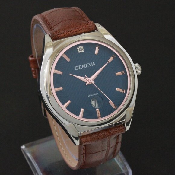 Geneva Men's Dress Watch Diamond At 12 Raised Indices Blue Dial Brown Strap 42mm - Picture 2 of 13
